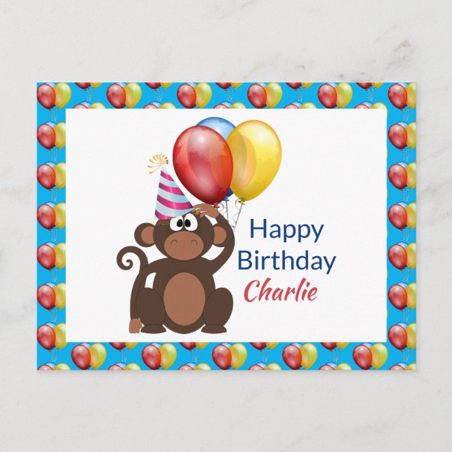 Carte Postale Personnalisez Joyeux Anniversaire Singe et Ballons (Devant)