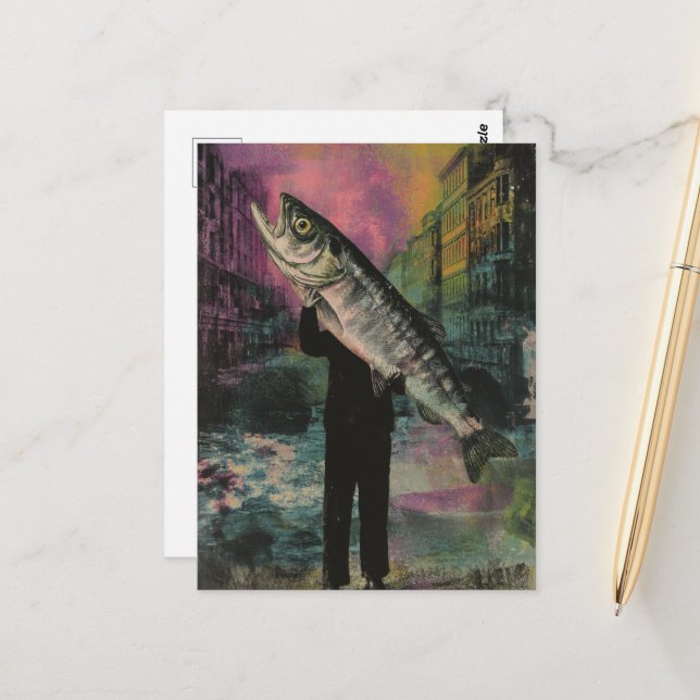 Carte Postale Personne avec un poisson géant (Devant/Arrière en situation)