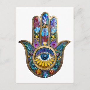 Carte Postale Pétales Colorés Feuilles Hamsa Saphir Troisième Œi