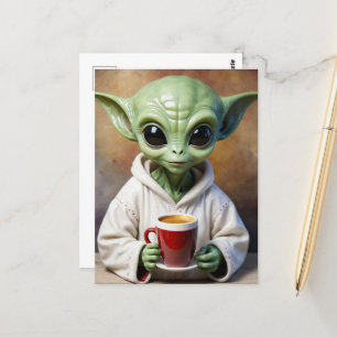Carte Postale Petit Alien vert en PJ avec café