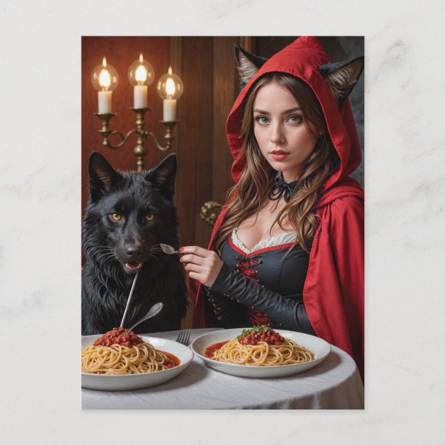 Carte Postale Petit chapeau rouge et loup mangent des spaghettis (Devant)