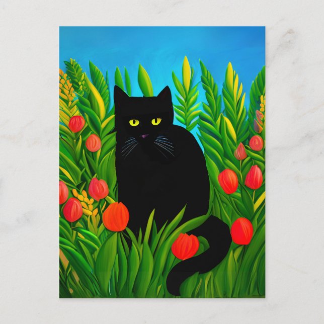 Carte Postale Petit chat noir dans un jardin de tulipes (Devant)