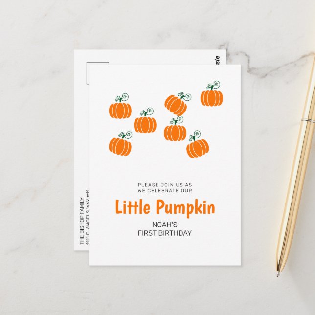 Carte Postale Petit Citrouille Automne 1er Anniversaire Fête Inv (Devant/Arrière en situation)