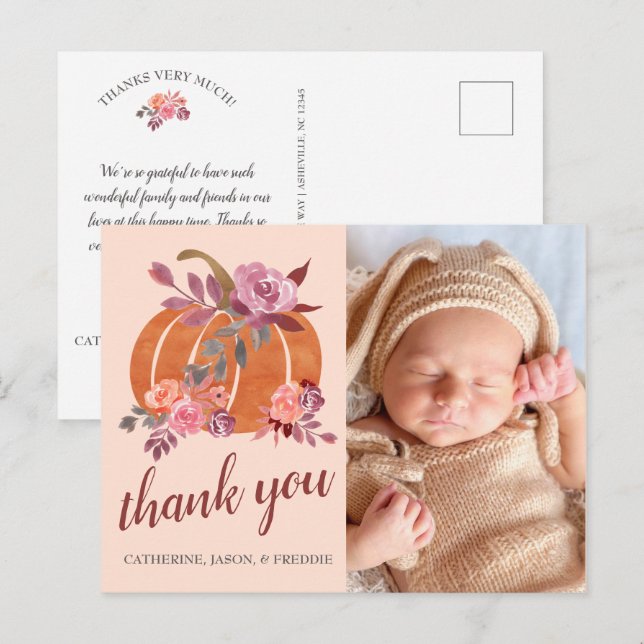 Carte Postale Petit Citrouille Rustique Baby shower d'automne Me (Devant / Derrière)
