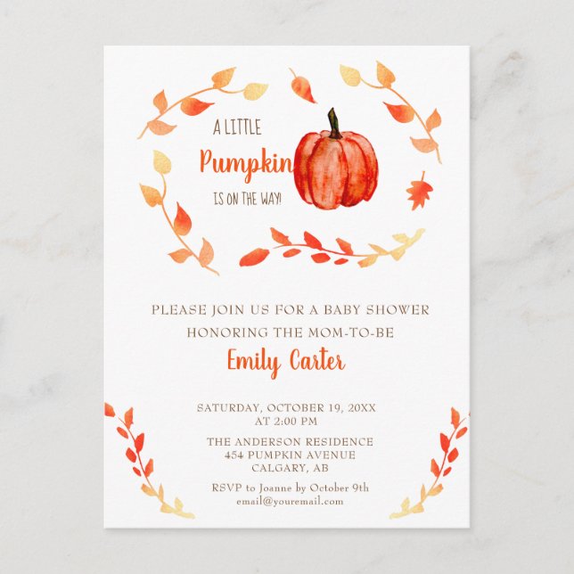 Carte Postale Petit Citrouille sur le chemin Baby shower Fall mi (Devant)