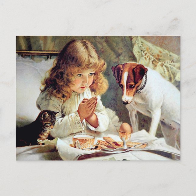 Carte Postale Petit déjeuner en Bed : Girl, Terrier et Kitty Cat (Devant)