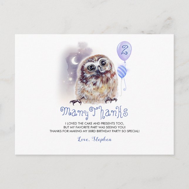 Carte Postale Petit hibou Merci d'anniversaire (Devant)
