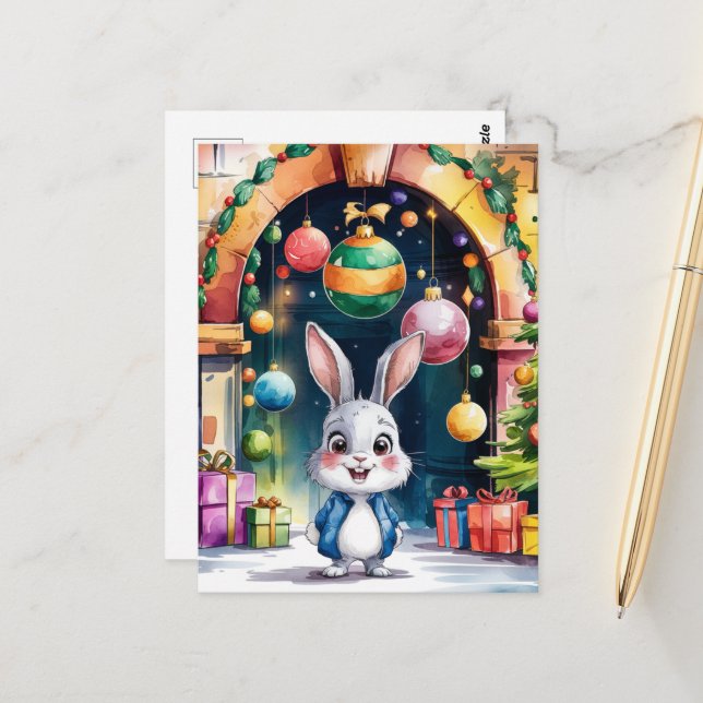 Carte Postale Petit lapin de Noël sous une arche (Devant/Arrière en situation)