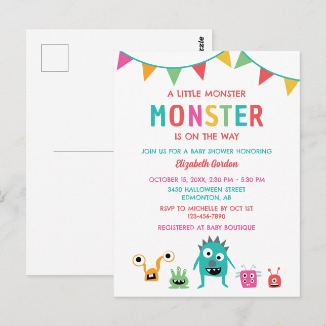 Carte Postale Petit Monstre en chemin Baby shower Halloween (Devant / Derrière)