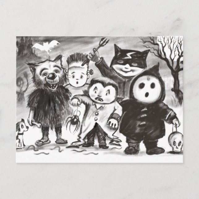 Carte postale Petit Monstres Halloween Tricoter ou (Devant)
