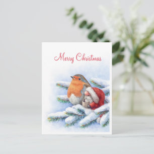 Carte Postale Petit Père Noël avec un rouge-gorge