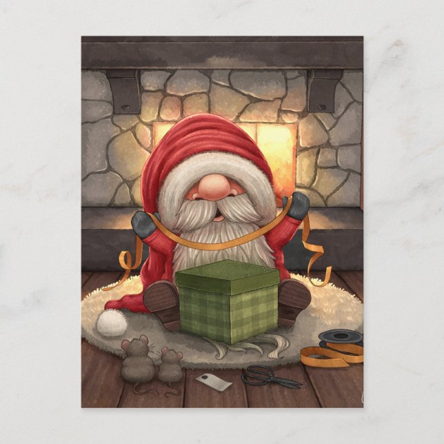 Carte Postale Petit Père Noël enveloppant un cadeau (Devant)