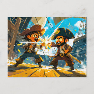 Carte Postale Petit Pirate se Battant Contre un Autre Pirate sur