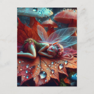Carte Postale Petite Fée Fantaisiste Endormie sur une Feuille