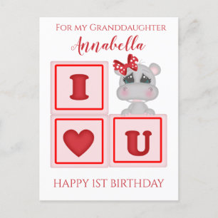 Carte Postale Petite-fille adorable premier anniversaire Hippopo