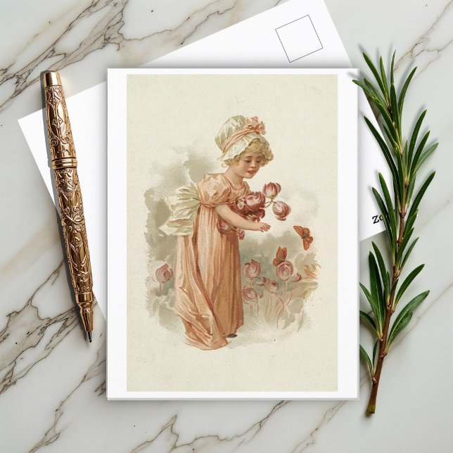 Carte Postale Petite fille aux fleurs roses et papillons (Créateur téléchargé)