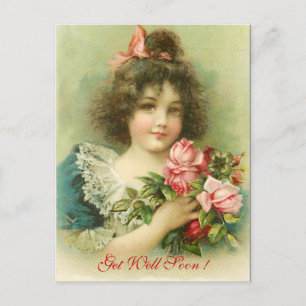 Carte Postale Petite fille aux roses roses roses, va bien bientô