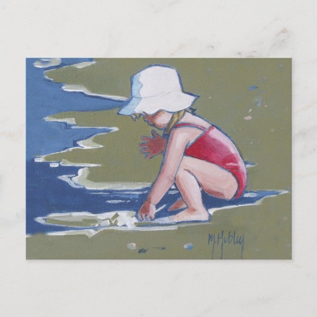 Carte Postale Petite fille avec casquette sur la plage avec vagu (Devant)