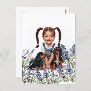 Carte Postale Petite fille avec chiots Dachshund