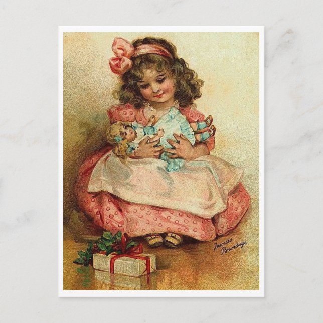 Carte Postale Petite fille avec sa poupée et son cadeau de Noël (Devant)