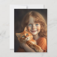 CARTE POSTALE PETITE FILLE & CHAT ROUX