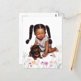 Carte Postale Petite fille en peau Brown avec chiot