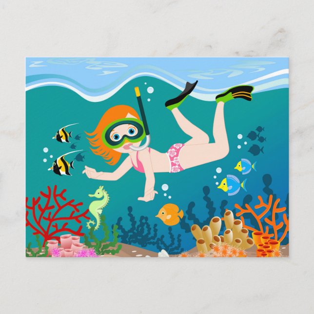 Carte Postale Petite fille en snorkeling sous la mer (Devant)