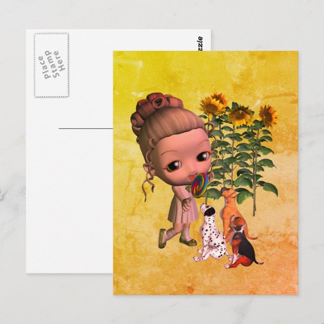 Carte Postale Petite Fille Et Chiots (Devant / Derrière)