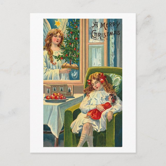 Carte Postale Petite fille et poupée, Ange dans la fenêtre (Devant)