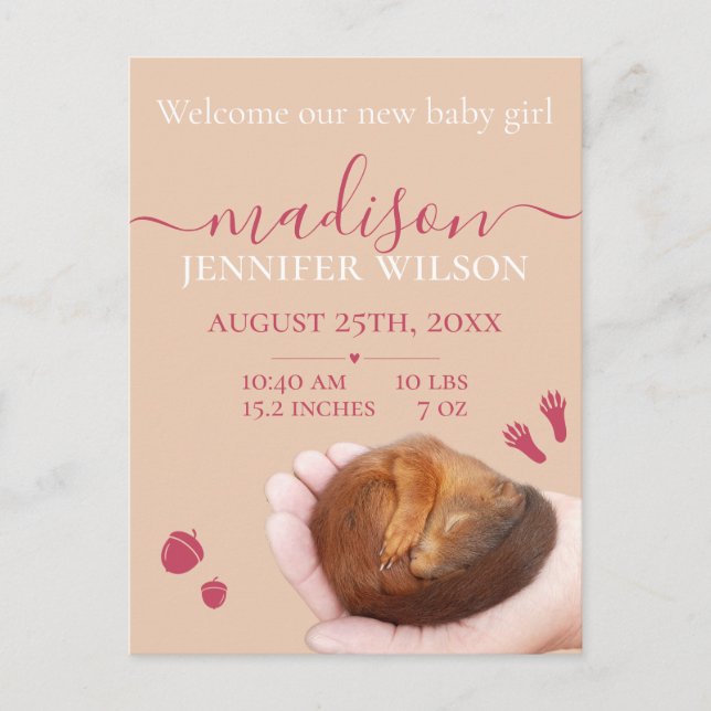 Carte Postale Petite fille faire-part de naissance animal mignon (Devant)