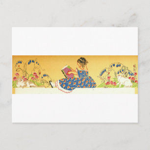 Carte Postale Petite fille lire avec des lapins