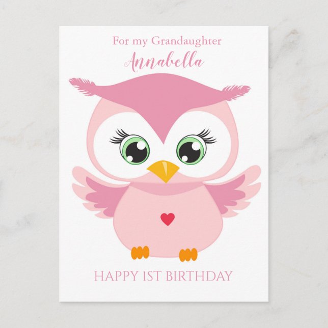 Carte Postale Petite fille Premier anniversaire Cute Rose Owl Ph (Devant)