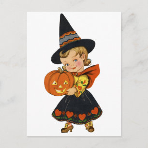 Carte Postale Petite fille sorcière mignonne avec un citrouille,