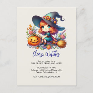 Carte Postale petite jolie sorcière habillée en bleu, Halloween