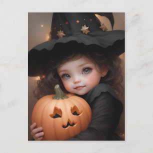 Carte Postale Petite sorcière mignonne avec son Citrouille d'Hal