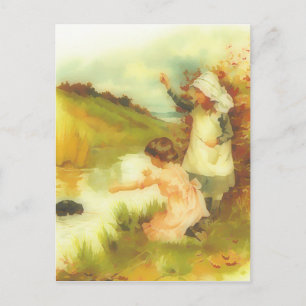 Carte Postale Petites filles victoriennes jouant au bord d'un ru
