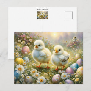 Carte Postale Petits poussins dans la prairie avec oeufs de Pâqu