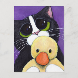Carte Postale Peur Tuxedo Chat et coudly peinture de canard