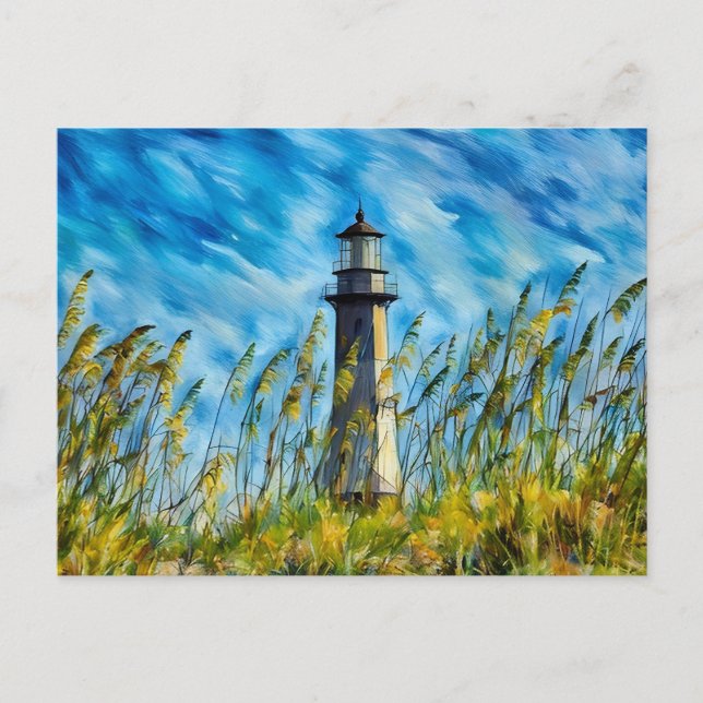 Carte Postale Phare avec de l'avoine marine et ciel dramatique (Devant)