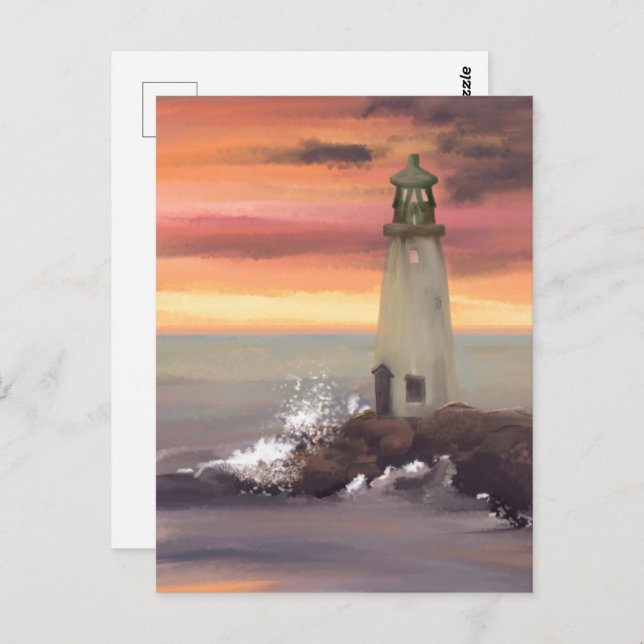 Carte Postale Phare côtier avec ciel rose et orange (Devant / Derrière)