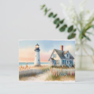 Carte Postale Phare de bord de mer et chalet d'aquarelle scène