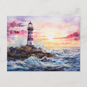 Carte Postale Phare de la mer au coucher du soleil d'Aquarell