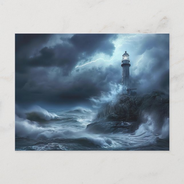 Carte Postale Phare de la nuit Tempête maritime (Devant)