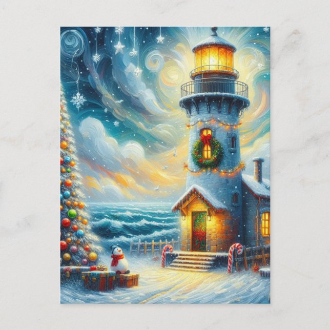 Carte Postale Phare de l'arbre de Noël Bleu Nautique Côté (Devant)