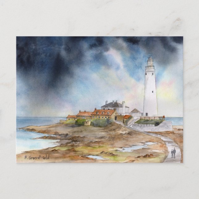 Carte Postale Phare de St Marys Aquarelle de Whitley Bay (Devant)