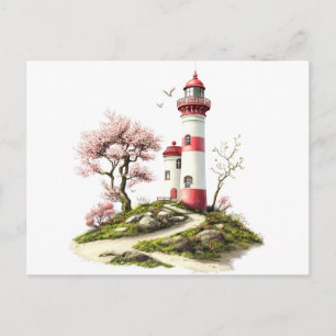 Carte Postale Phare et aquarelle de fleurs de cerisier