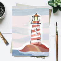 Phare rouge et blanc | Aquarelle de plage