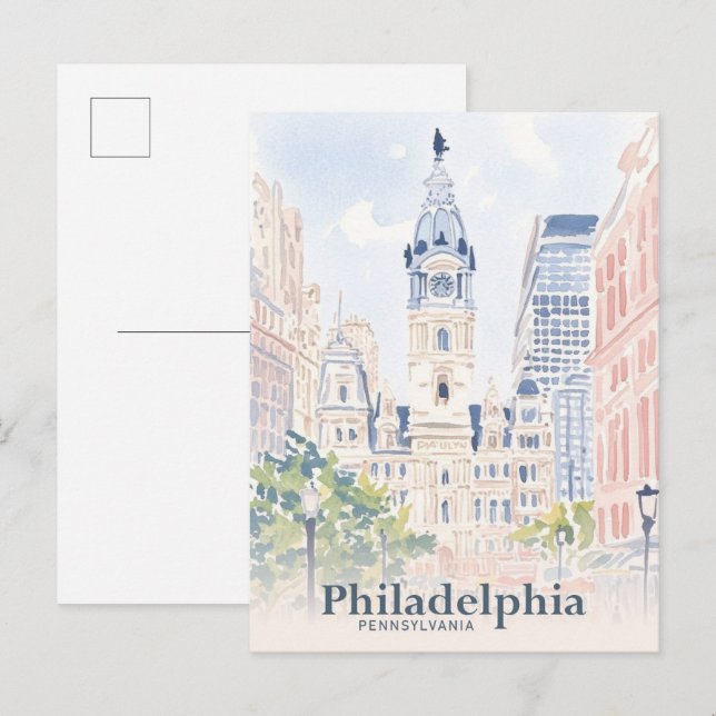 Carte Postale Philadelphie Pennsylvanie USA Watercolor Travel (Devant / Derrière)