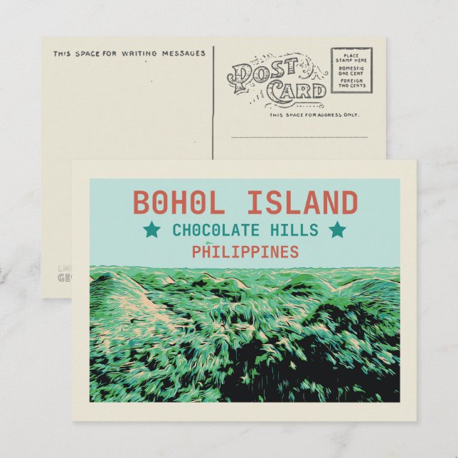 Carte Postale Philippines, Collines de chocolat sur l'île de Boh (Devant / Derrière)
