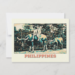 Carte Postale Philippines, enfants jouant avec des buffles d'eau